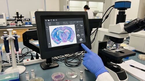 โซลูชันบริษัทล่าสุดเกี่ยวกับ คอมพิวเตอร์อุตสาหกรรมแบบทัชพาเนลสำหรับระบบกล้องจุลทรรศน์ดิจิทัล: จอแสดงผลความละเอียดสูงและส่วนต่อประสานการควบคุม